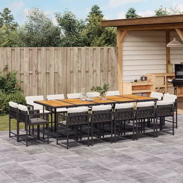 Set da pranzo da giardino vidaXL in polyrattan nero con cuscini e tavolo in legno di acacia, 15 pezzi