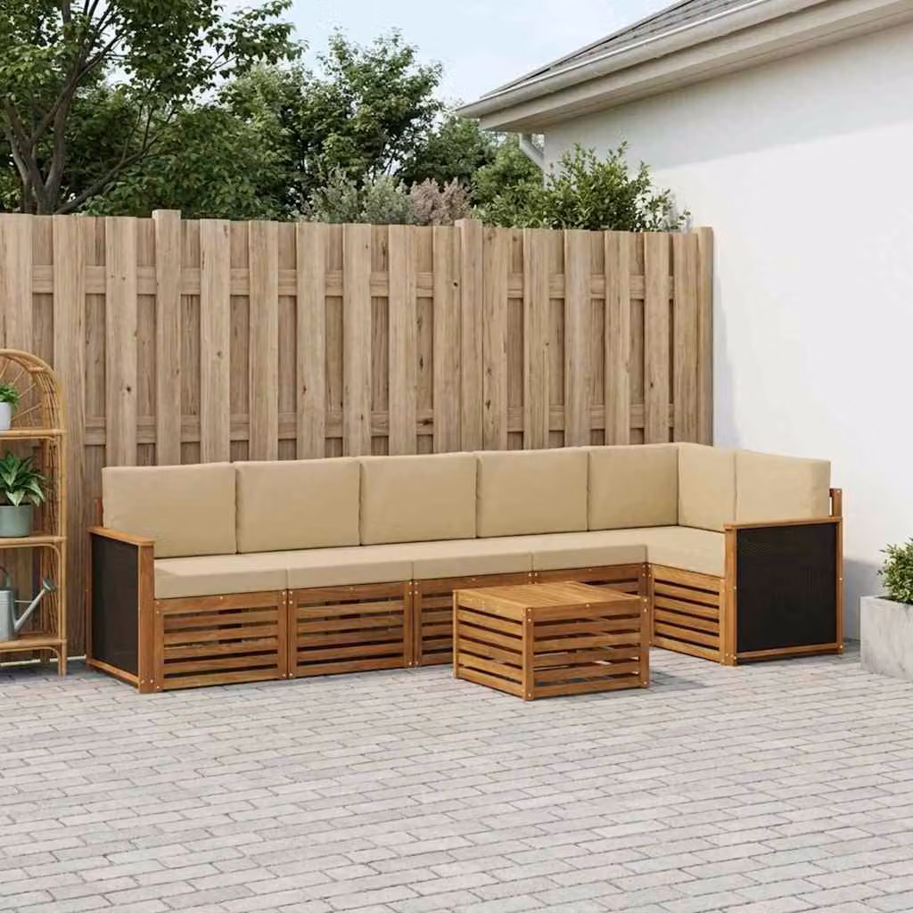 Set di divani da esterno vidaXL in legno di acacia con tavolo da caffè e cuscini, 6 pezzi, colore beige naturale