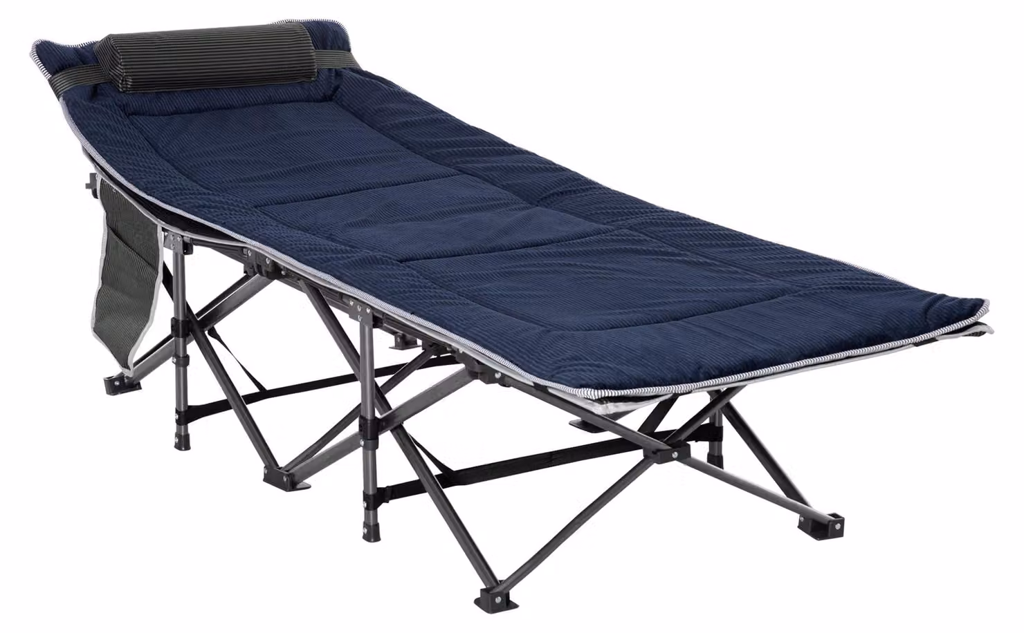 Letto da campeggio pieghevole con materasso e tasca laterale | Colore: Blu, Grigio | Dimensioni: 64,5 x 188 x 53 cm
