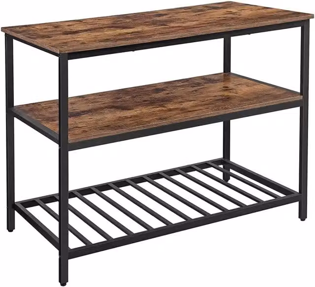 Carrello da cucina in stile industriale Meublorama collezione TAMPA con struttura in metallo nero e piano in legno L: 120 cm, P: 60 cm, H: 90 cm