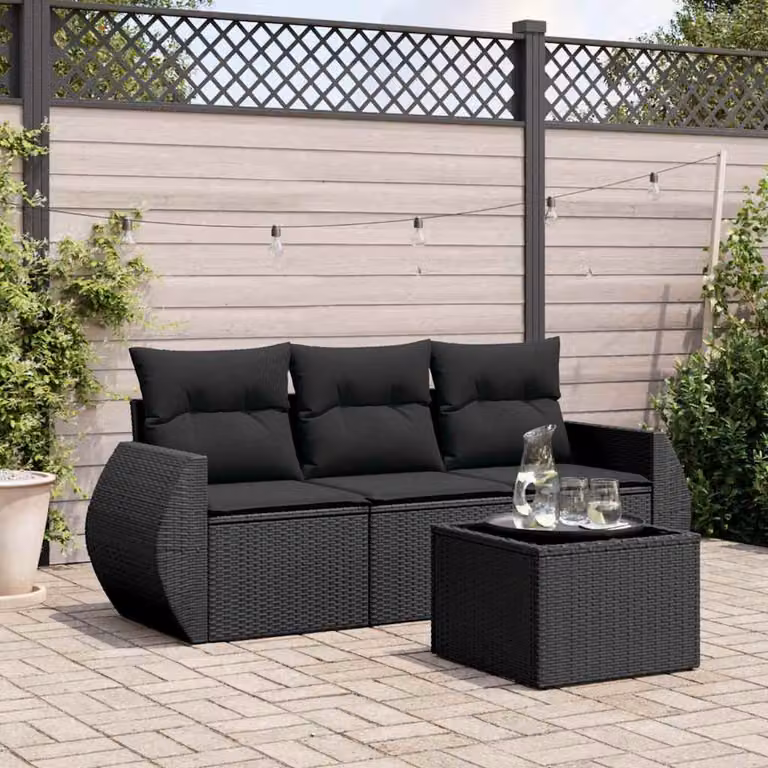 Set di divani da giardino vidaXL in polyrattan nero con cuscini e tavolino da esterno a forma di L
