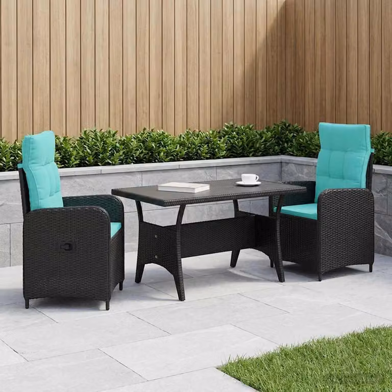 Set da pranzo per esterni vidaXL in polyrattan da 3 pezzi, Nero e Turchese