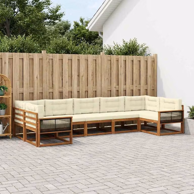 vidaXL Set di divani da esterno a L in legno di acacia, 7 pezzi, Marrone e Beige