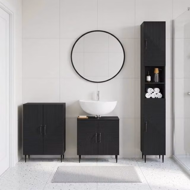 Set di armadietti da bagno moderni vidaXL HAARLEM in 3 pezzi, colore nero opaco, in MDF