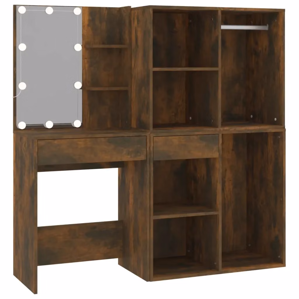 vidaXL Toeletta Hollywood con LED e Armadietti in Legno Multistrato Marrone L: 140 cm, P: 40 cm, H: 60 cm – 2