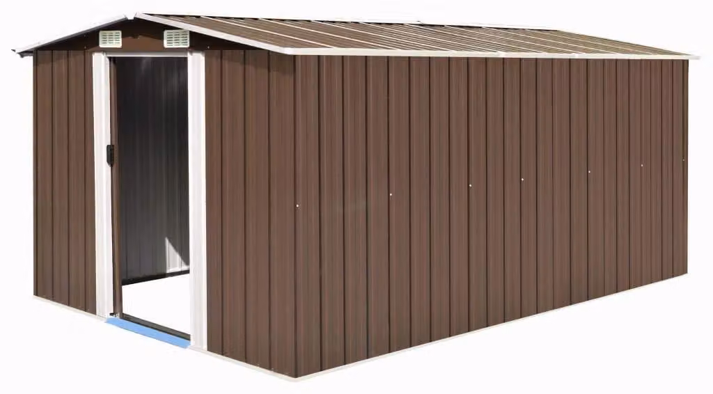 Capanno per attrezzi in metallo - Deposito da giardino - 257 x 392 x 181 cm - Marrone - Doppia porta scorrevole