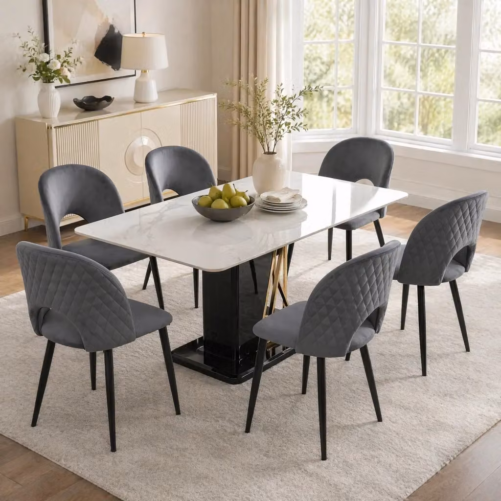 Sedia da pranzo imbottita in velluto grigio MIVRAY con schienale trapuntato e gambe regolabili H: 84 cm, L: 47 cm, P: 44 cm – 2