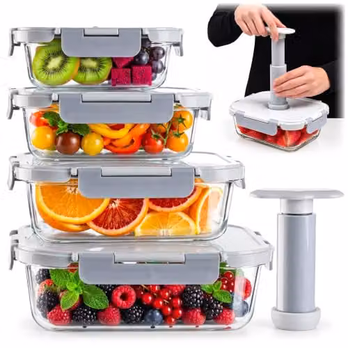 KADAX Set di 4 contenitori sottovuoto in vetro (370 ml, 640 ml, 1040 ml, 1520 ml), ermetici con coperchio sottovuoto e pompa a mano, ermetici e a prova di perdite, per cucina e congelatore