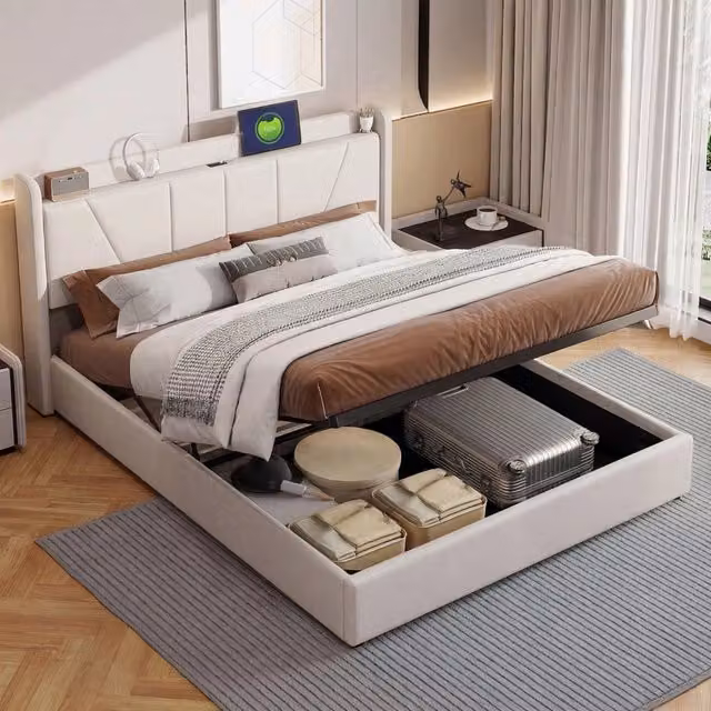 Letto imbottito 160x200 cm; vano portaoggetti idraulico; matrimoniale USB testiera; struttura del letto con rete a doghe; telaio adulti; lino beige