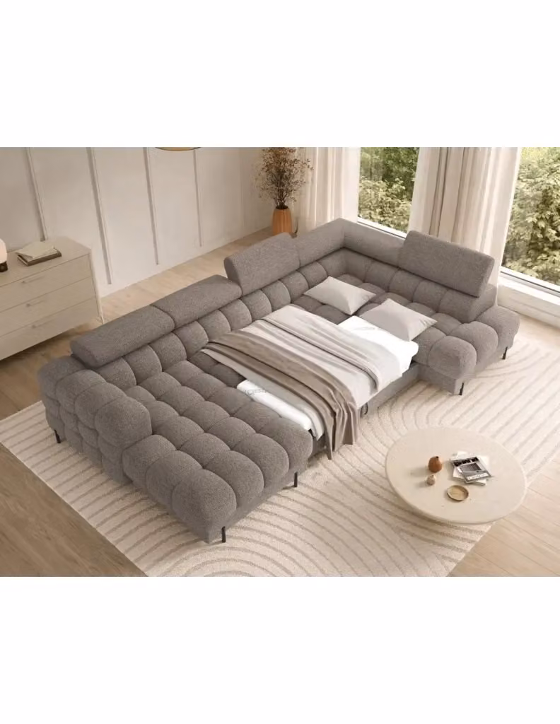 Divano panoramico convertibile FERARIA MEUBLORAMA Beige, forma a U con angolo destro, funzione letto e poggiatesta regolabile, L/P/H: 358 x 93 x 202 cm – 2