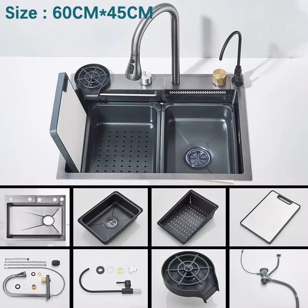 Lavello da cucina - Lavello a cascata con miscelatore - Acciaio inossidabile 304 - Grande lavello a vasca singola da incasso - Display digitale - Rubinetto a cascata con controllo touch - Superficie spazzolata - Grigio A2-Y