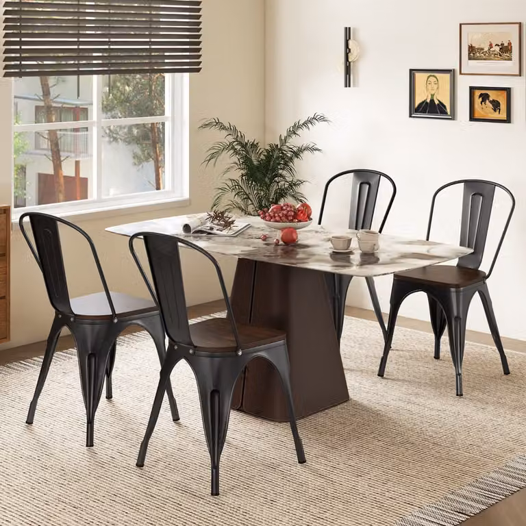 Set di 4 sedie da pranzo con schienale e 4 sgabelli impilabili in metallo nero Costway