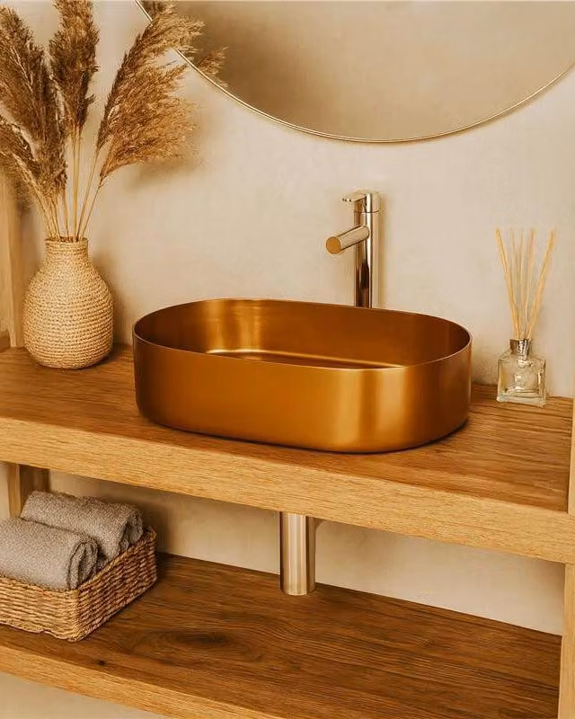 Lavabo 55x35 Elegance da appoggio con valvola e flessibile oro rosa