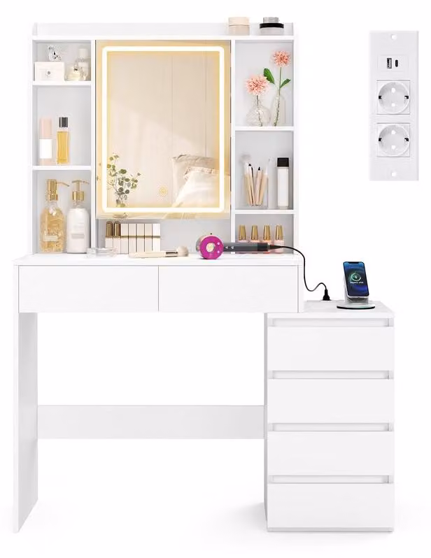 Comò da trucco con specchio a LED e presa di corrente integrata | Bianco "Wolke" | 105x40x145 cm