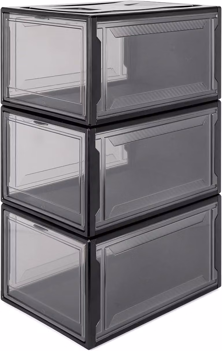 Scatola per scarpe, composta da 3 elementi impilabili, in plastica, dimensioni 37x26x20 cm, adatta per scarpe fino alla taglia 48