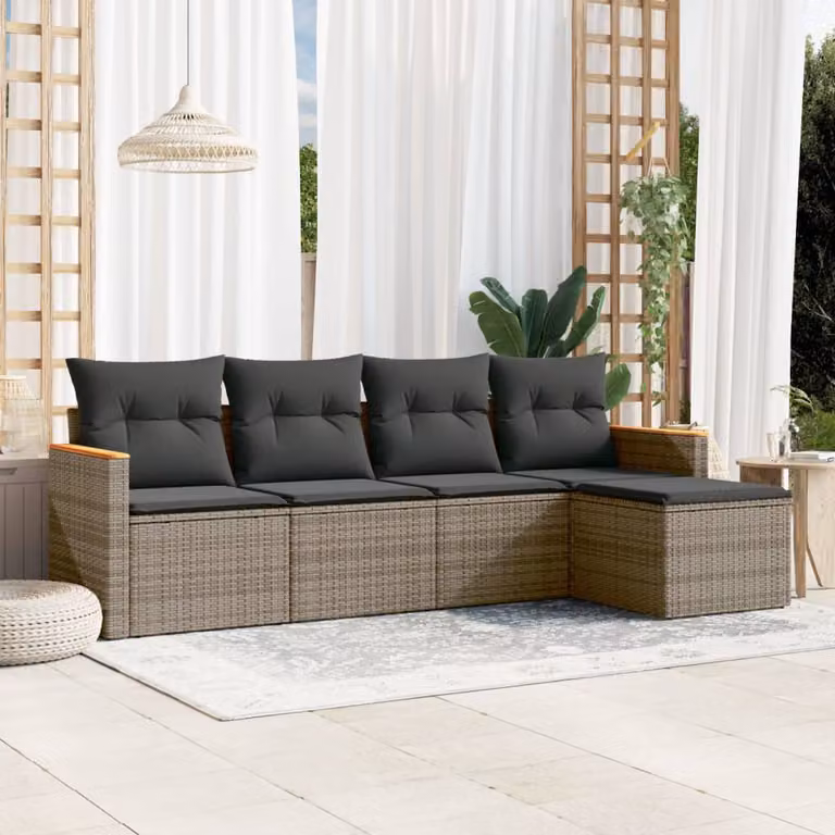 Set Divano da Giardino L-Shape vidaXL in Polyrattan Grigio con 5 Cuscini Imbottiti e Coperture Rimovibili