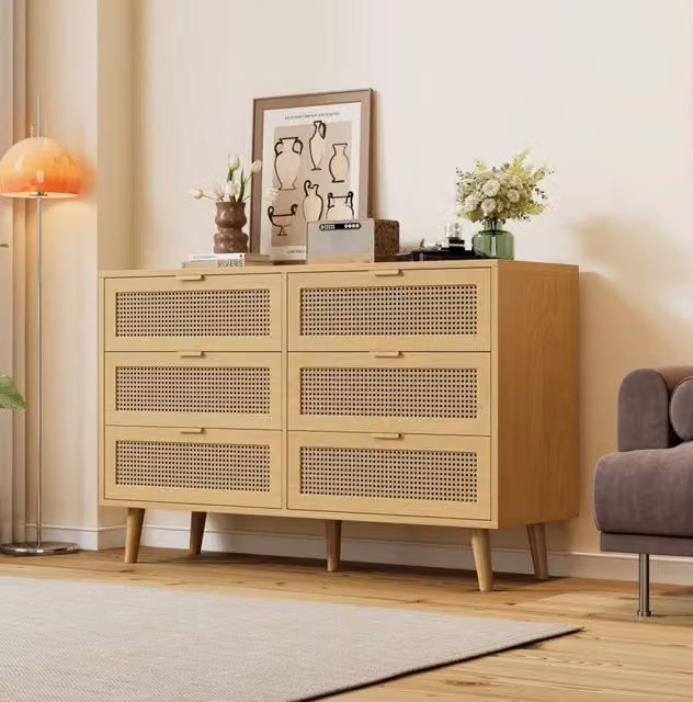 Cassettiera vintage con 6 cassetti 120x40x76;5 cm in truciolare effetto rovere