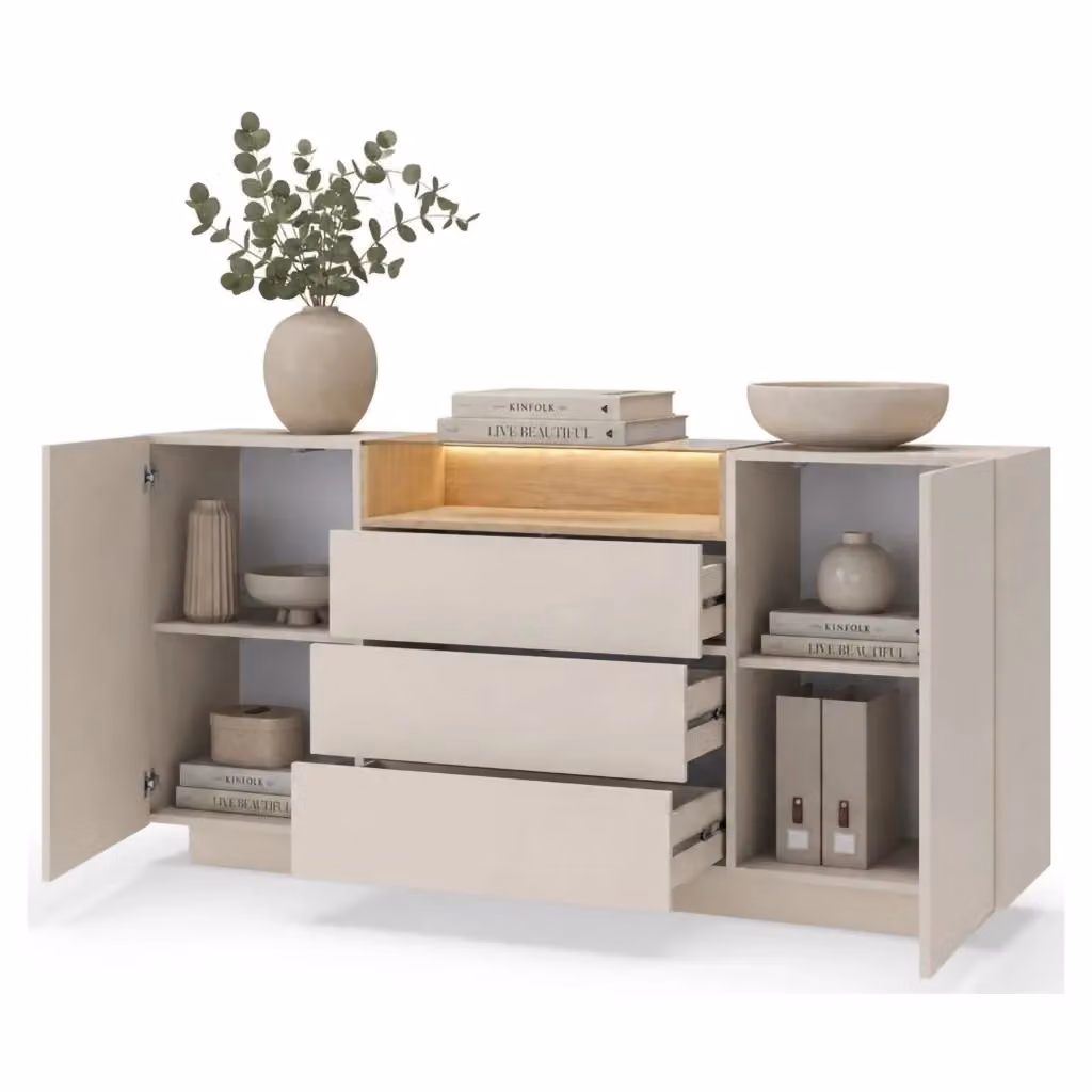 Madia DMORA in rovere beige e marrone con illuminazione integrata, L: 176 cm, P: 57,5 cm, H: 83 cm – 2