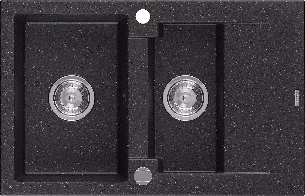 Mexen Gaspar lavello in granito 1,5 vasche con sgocciolatoio 737 x 475 mm, nero/argento metallizzato, sifone cromato