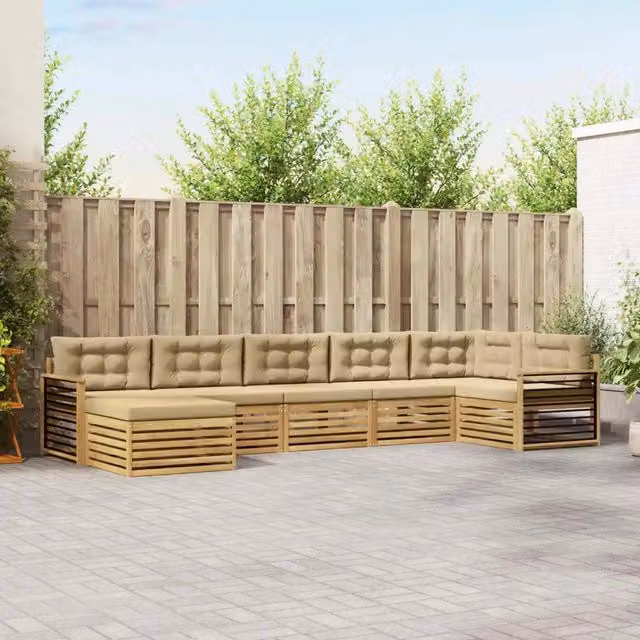 Set di divani da esterno a L vidaXL in legno di acacia con 7 pezzi, Bianco e Beige – 1