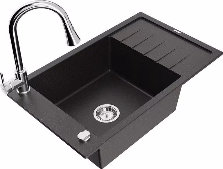 Mexen Elias lavello in granito a 1 vasca con sgocciolatoio e rubinetto da cucina Elia, nero/oro metallizzato - 6511-75-670101-00