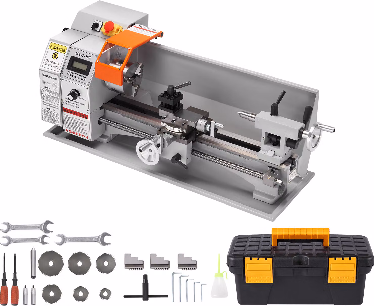 SucceBuy Tornio per metallo da 7'' x 16'', tornio di precisione da banco da 800W, velocità variabile 150-2500 RPM, mandrino a 3 griffe da 3,9''