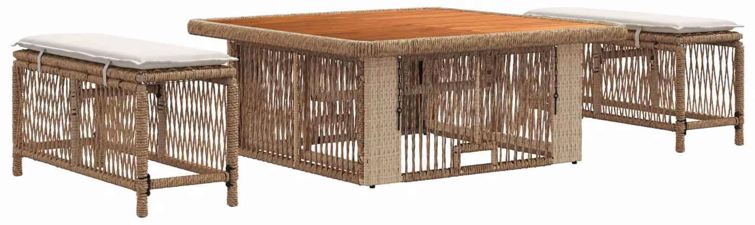 Set da Pranzo per Giardino 3 pcs Beige e Crema polyrattan