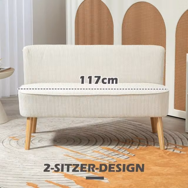 Divano moderno a 2 posti WISHDOR in legno con rivestimento in tessuto bianco crema, L: 117 cm, P: 56,5 cm, H: 77 cm