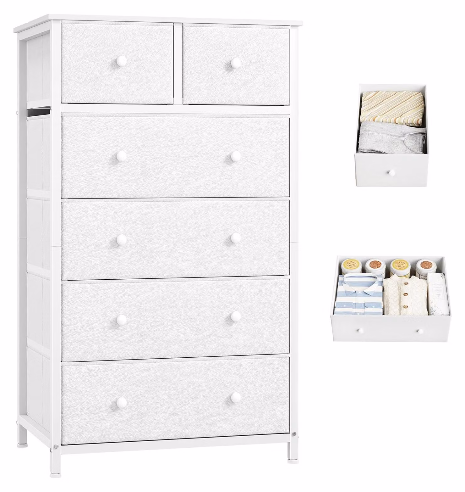 Cassettiera con 6 cassetti in tessuto - Comò bianco - 40 x 60 x 102,5 cm - Struttura in acciaio - Mobile contenitore