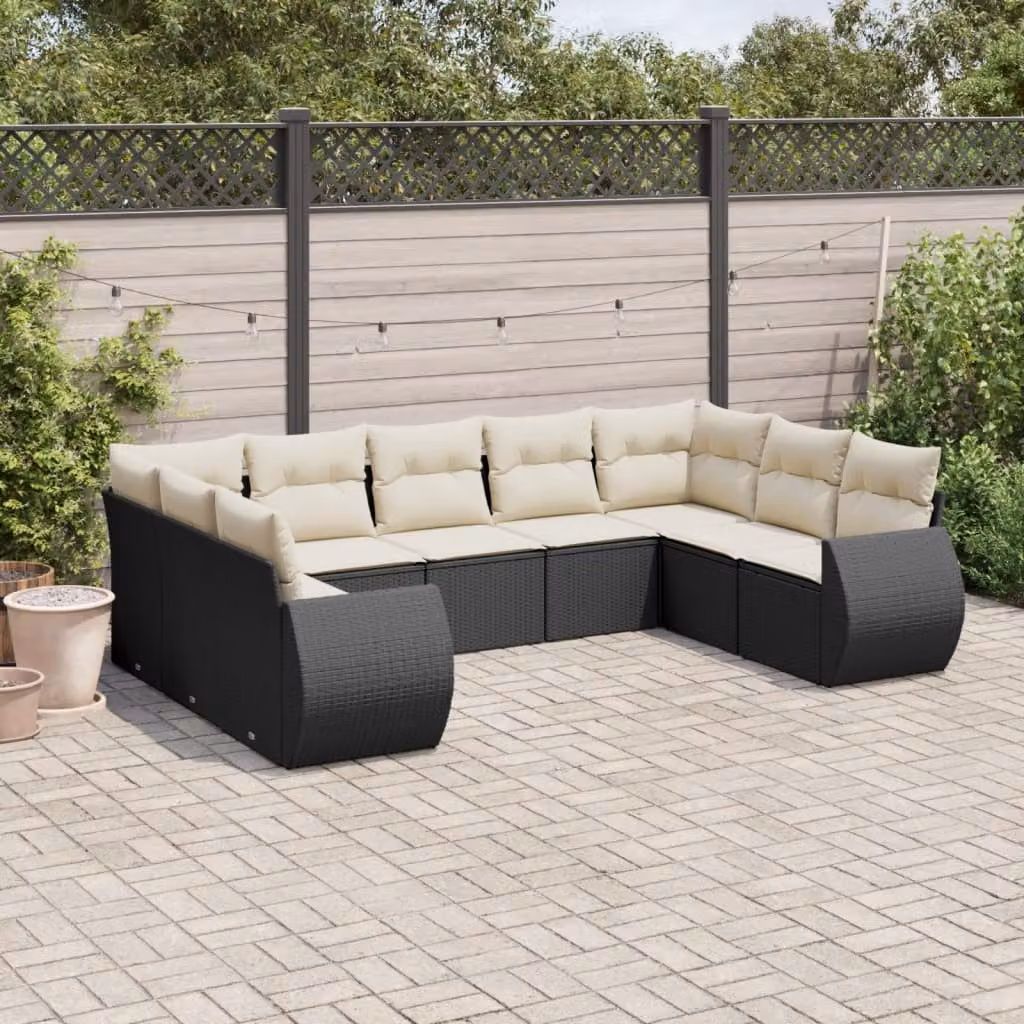 Set di divani da giardino vidaXL a forma di L composto da 9 pezzi con cuscini bianchi e struttura in metallo nero e rattan – 1