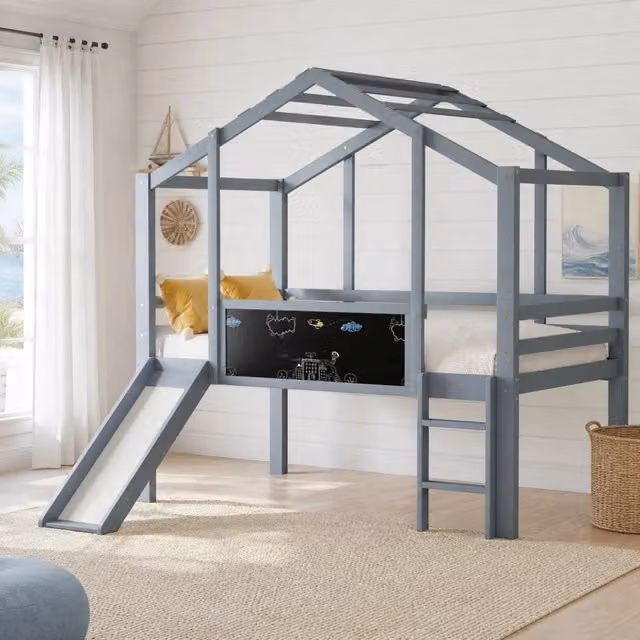 Letto singolo in legno massiccio 90x200 cm con soppalco, scala di sicurezza, scivolo e lavagna, colore grigio