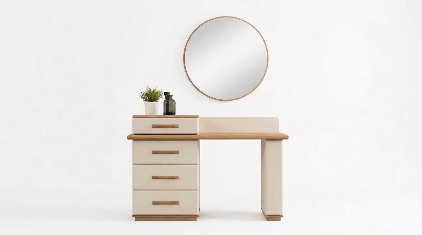 Set da trucco beige, moderno e con specchio e piano da trucco per cosmetici