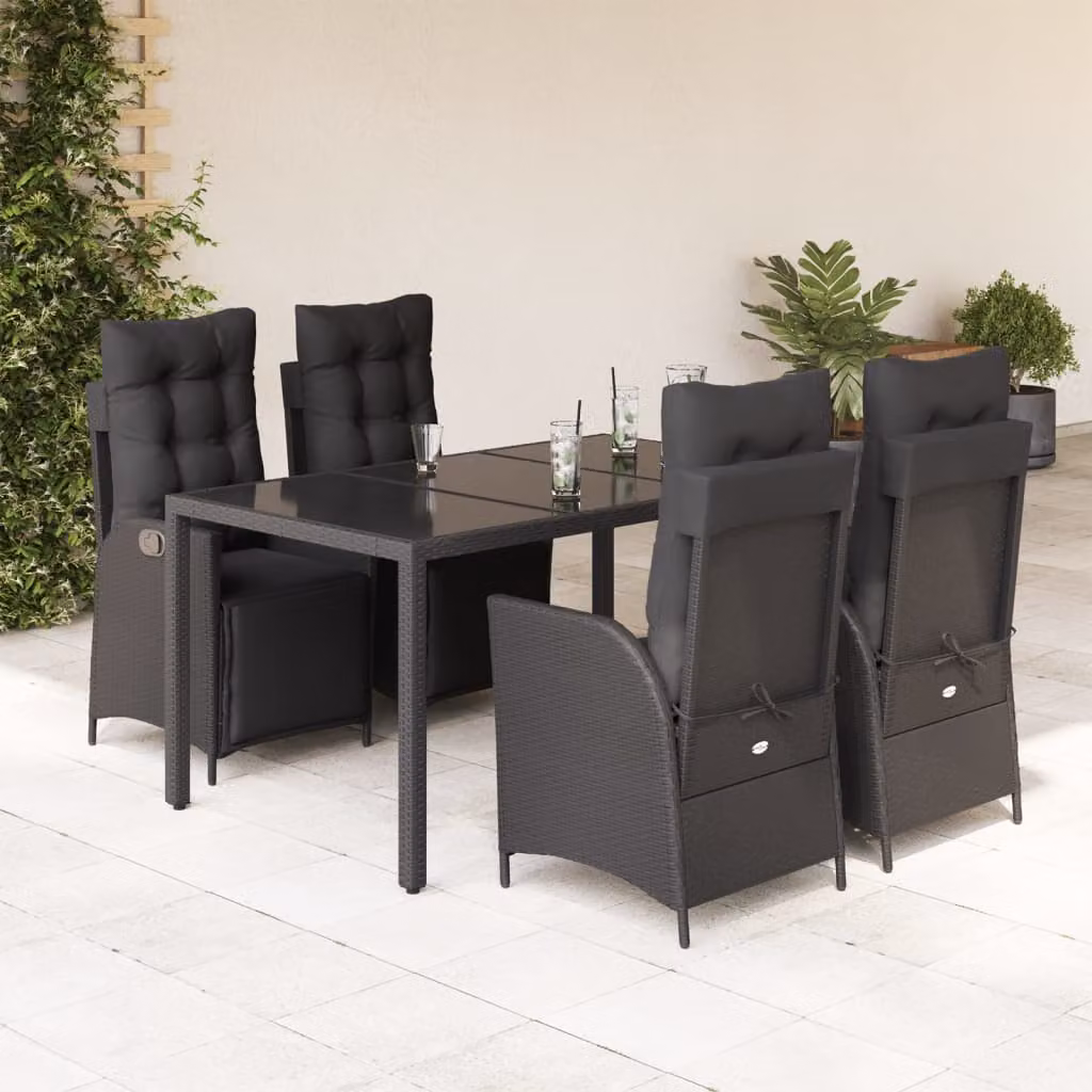 Set da Pranzo da Giardino vidaXL 5 pz in Polyrattan Nero con Piano in Vetro – 1