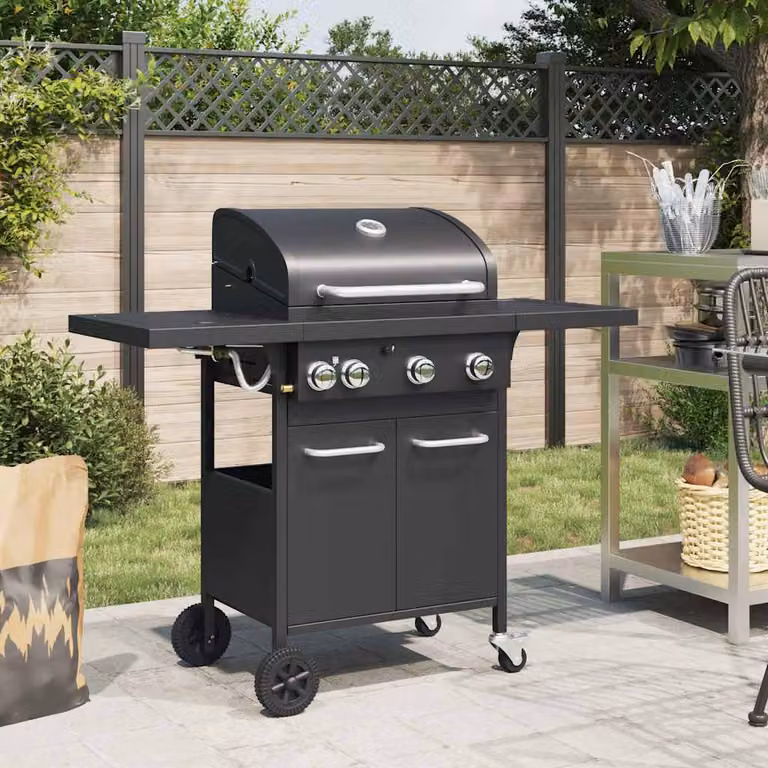 Griglia Barbecue a Gas vidaXL in Acciaio Nero con 4 Bruciatori, Termometro e Ruote
