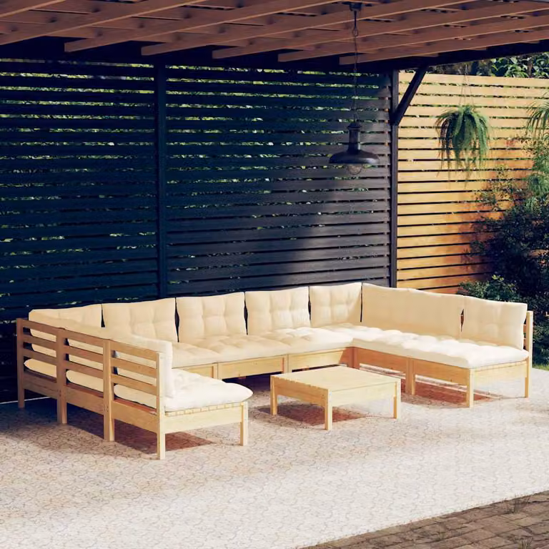 Set di Divani da Giardino vidaXL 10 Pezzi in Legno di Pino Massello con Cuscini Beige e Design a L Moderno