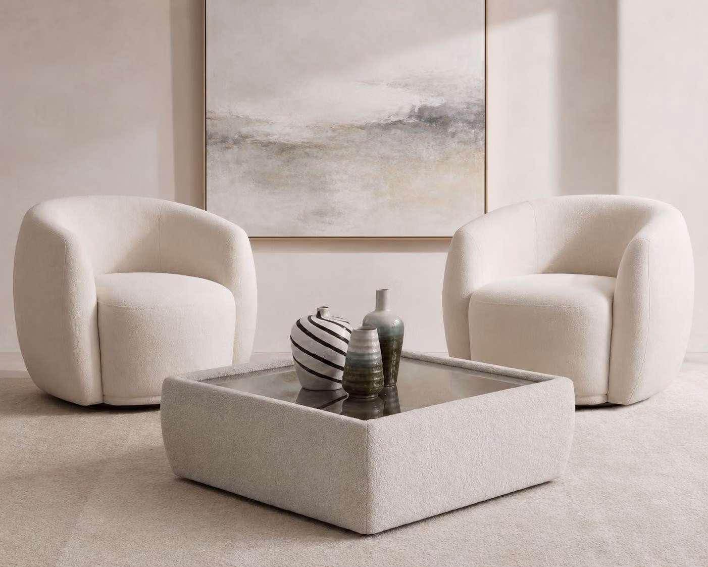 Sessel Kaffeetisch Beige Wohnzimmer modern kompakt bequem quadratisch
