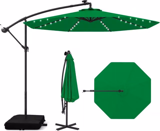Ombrellone pendente da esterno DESIGN IN verde con 32 luci LED a pannello solare e sacco di sabbia, diametro 300 cm