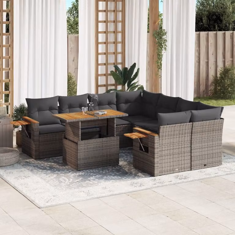 vidaXL Set Divano da Giardino a L 9 pz in Polyrattan Grigio con Cuscini e Tavolino
