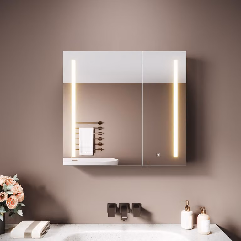 Armadio a specchio a due ante Sonni in ferro 50 x 65 x 13,3 cm, grigio maculato, con ripiano per cosmetici e specchio ingranditore
