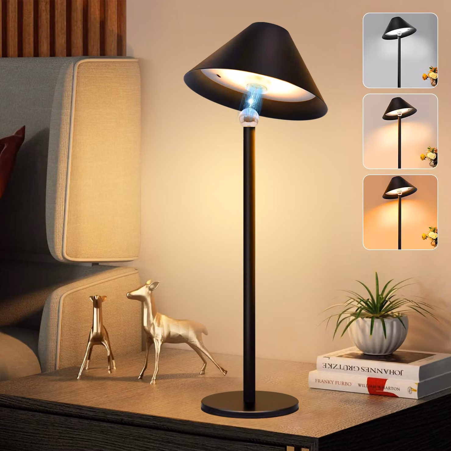 Lampada da tavolo a LED senza fili, batteria ricaricabile, orientabile a 360°, dimmerabile, 3 temperature di colore, lampada da comodino ricaricabile, nera