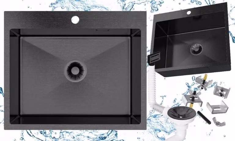 Granitan - Lavello in acciaio inossidabile - Lavello da cucina - Lavello 60x50 cm - Nero - con sifone e accessori - BARI