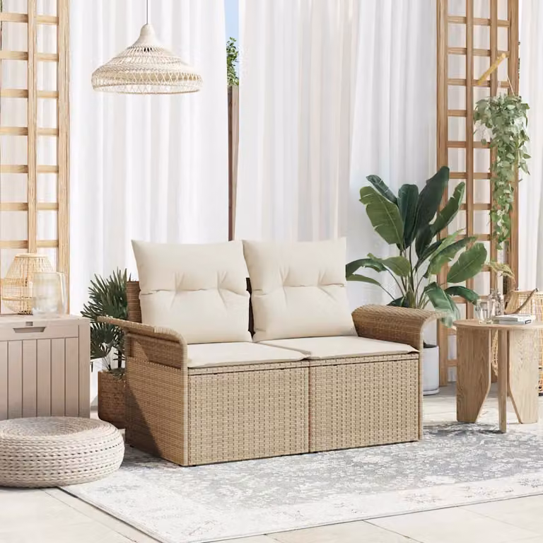 Divano da giardino vidaXL in polyrattan beige con cuscini L 141 x P 62 x H 69 cm