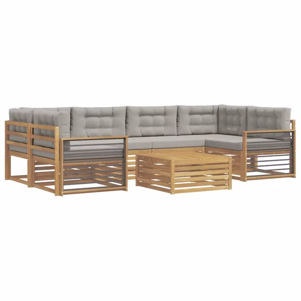 Set di divani da esterno a L vidaXL composto da 7 pezzi con tavolino da caffè, in legno di acacia e tessuto resistente ai raggi UV, colore bianco e grigio – 2