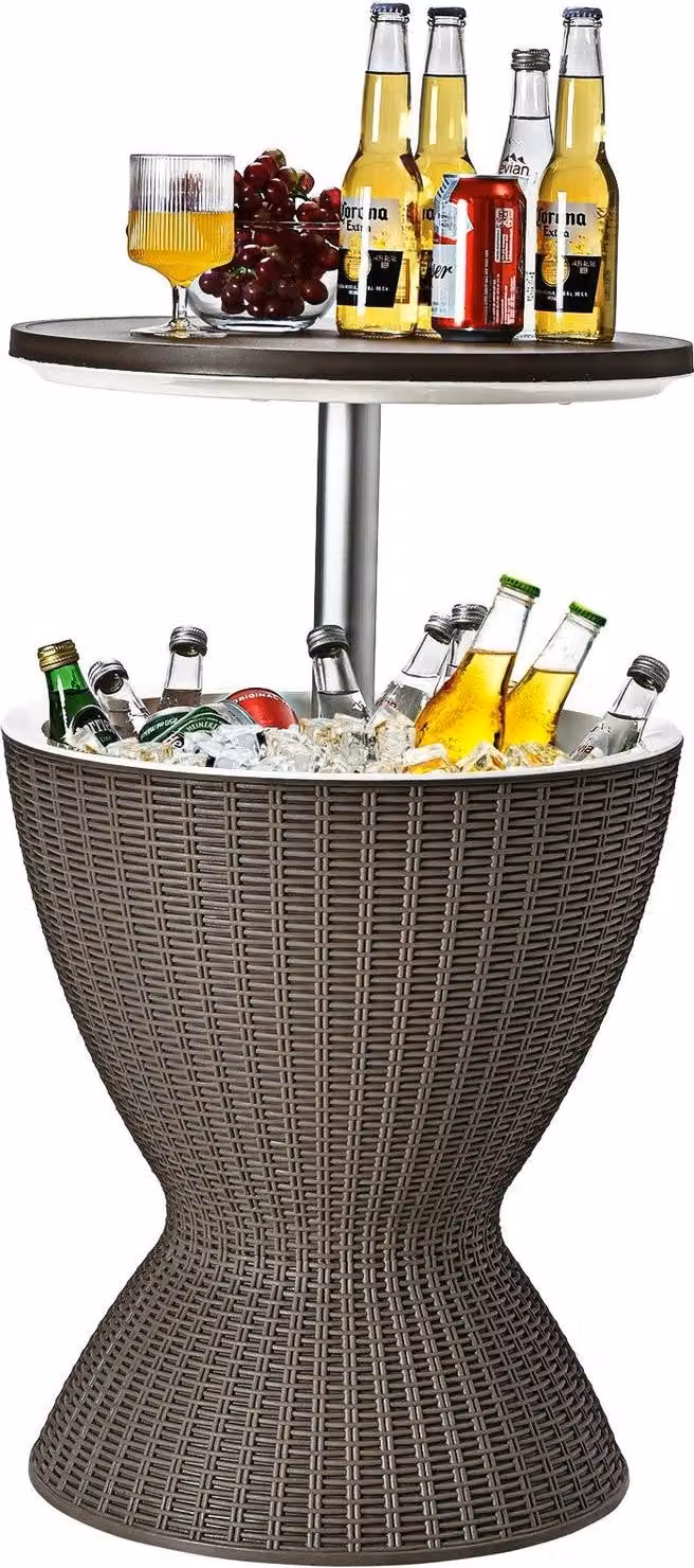 Sgabello frigo portatile da giardino, tavolo da patio, altezza regolabile, refrigeratore per ghiaccio, refrigeratore per bevande, tavolo da giardino marrone