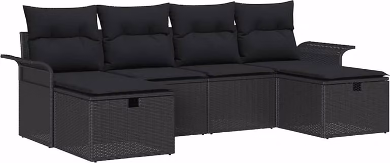 Set Divano da Giardino con cuscino 6 pcs Nero Poly Rattan