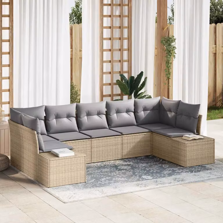 Set Divano da Giardino a L con Cuscini vidaXL, 7 Pezzi, Beige e Grigio, in Polyrattan con Struttura in Acciaio Verniciato a Polvere