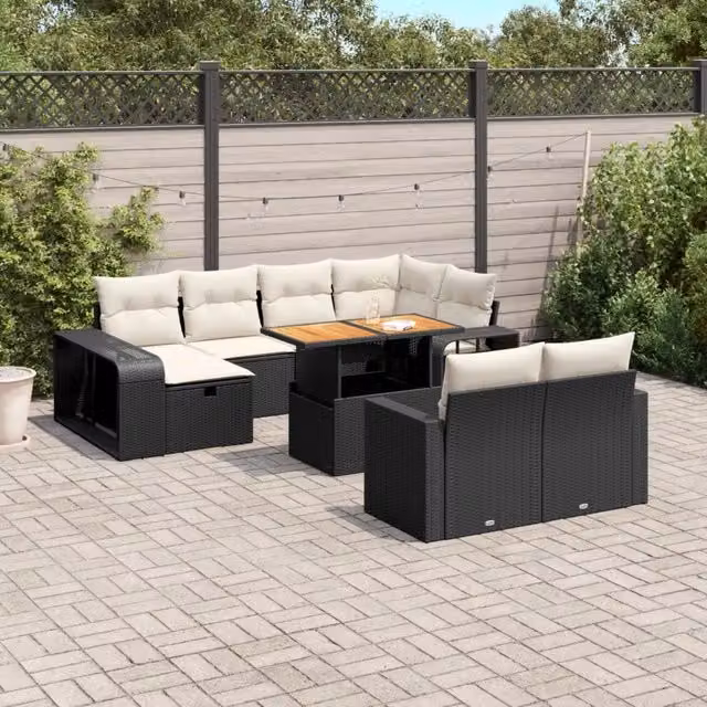 vidaXL Set Divani da Giardino 11 pz in Polyrattan Nero con Cuscini e Tavolino da Esterno – 1