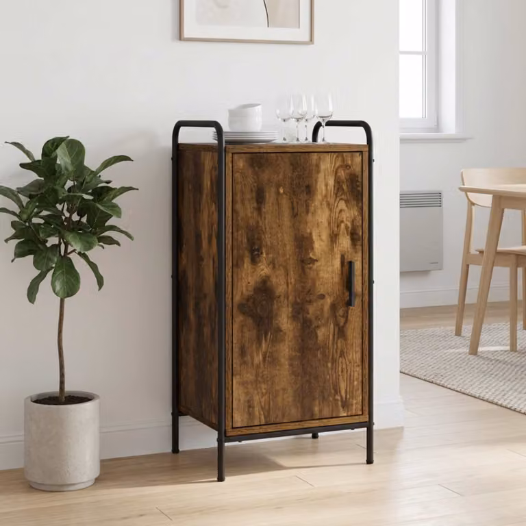 Credenza moderna vidaXL in legno ingegnerizzato e metallo, colore rovere fumo, L: 97 cm, P: 33 cm, H: 81 cm