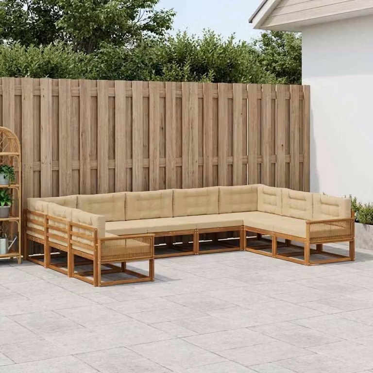 Set di divani da esterno vidaXL a forma di U in legno di acacia con cuscini, 9 pezzi, Beige e Marrone