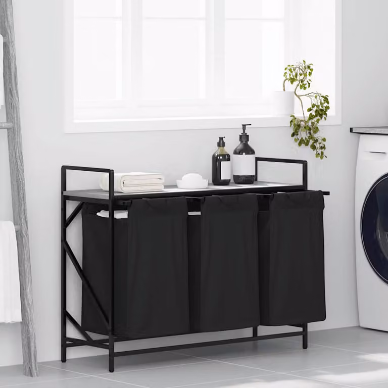 vidaXL Cesto per la Biancheria a 3 Scomparti con Ripiano, Grigio e Nero, L/P/H: 77 x 33 x 99 cm